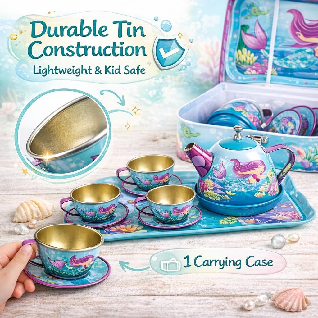 15 Piece Mermaid Tea Party Set for Little Girls, Pretend Tin Teapot Set, Princess Tea Time Play Kitchen Toy with Cups, Plates and Carrying Case for Birthday Gifts Kids Toddlers