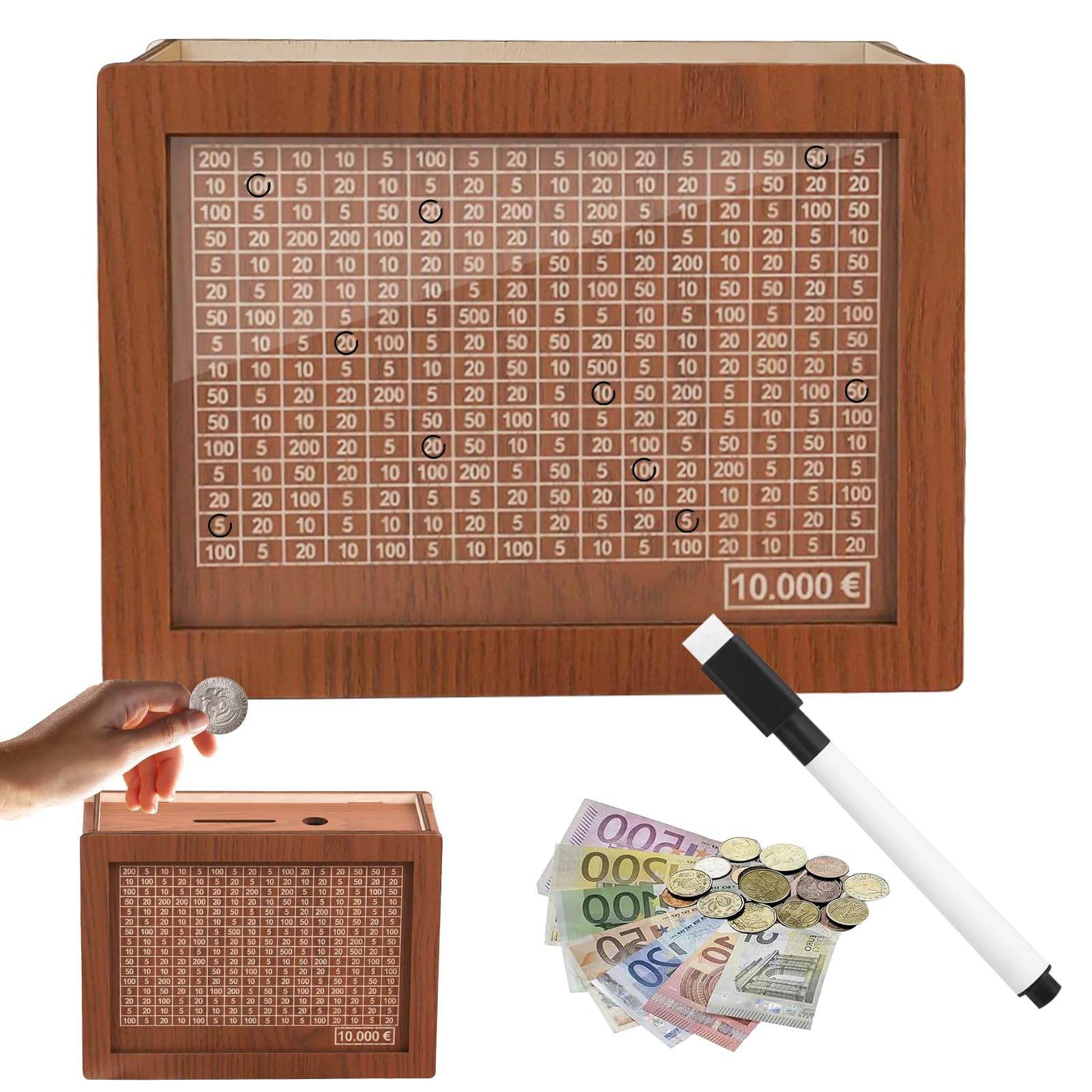 Spardose aus Holz, spardose mit zählerm, Wiederverwendbare Spardose, Sparbox mit Zahlen Ankreuzen, für Erwachsene und Kinder mit Sparziel