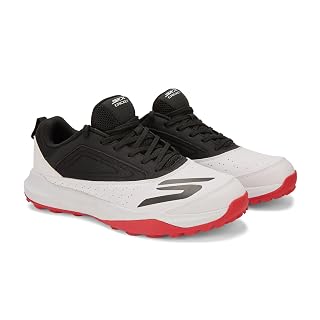 Skechers Men’s Turf Cricket Shoes | Synthetic & Mesh Upper | EVA Cushioning | Rubber Turf Sole (White/Black/Red, UK Footwear Size System, Adult, Men, Numeric, Medium, 10)