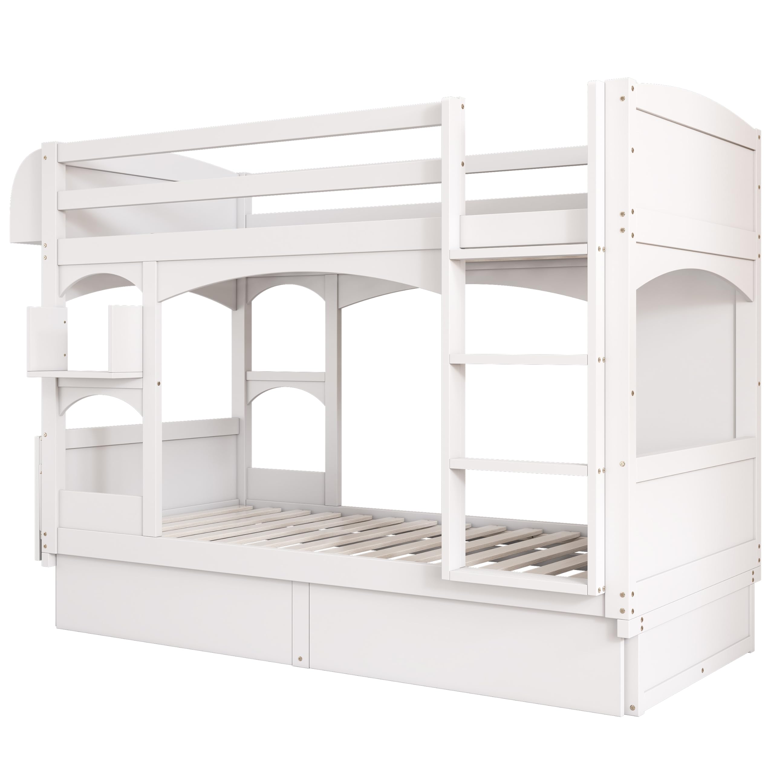 Letto a castello per bambini, 90 x 200 cm, letto matrimoniale, con scrivania pieghevole e mensola, con scala e 2 cassetti, senza materasso, legno massello, bianco