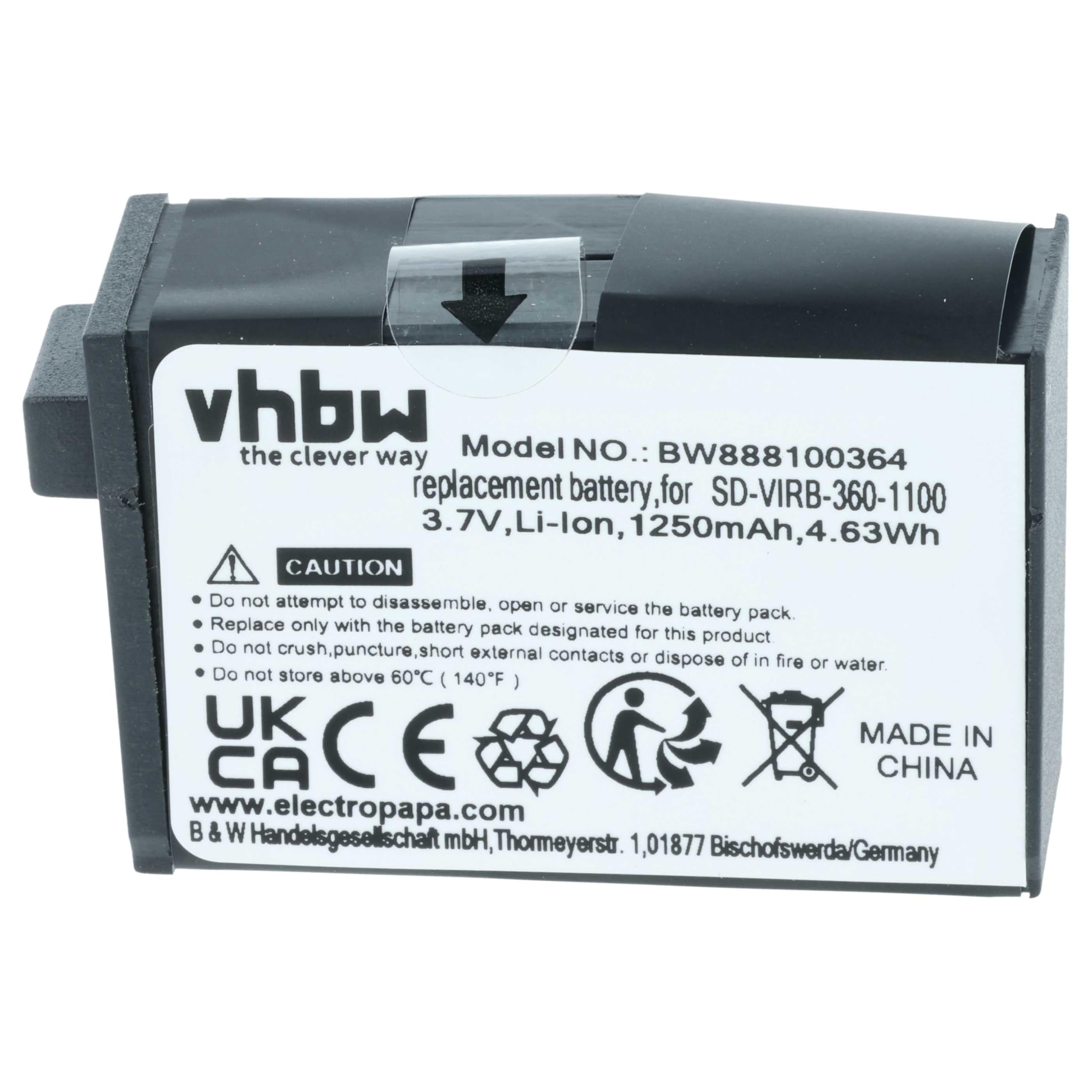 vhbw 2x batteria compatibile con Garmin Virb 360 videocamera camcorder (1250mAh, 3,8V, Li-Ion)