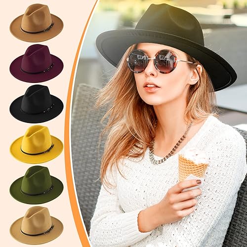 Miniatura 5 de 6 sombreros de squash para mujer, sombrero de fieltro de Panamá, sombrero de calabaza de ala ancha con hebilla de cinturón, sombreros flexibles,