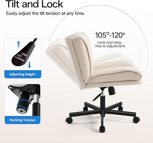 Miniatura 6 de LEAGOO Silla cruzada con ruedas, silla de escritorio sin brazos peluda, cómoda silla de oficina con patas cruzadas, elegante silla giratoria de