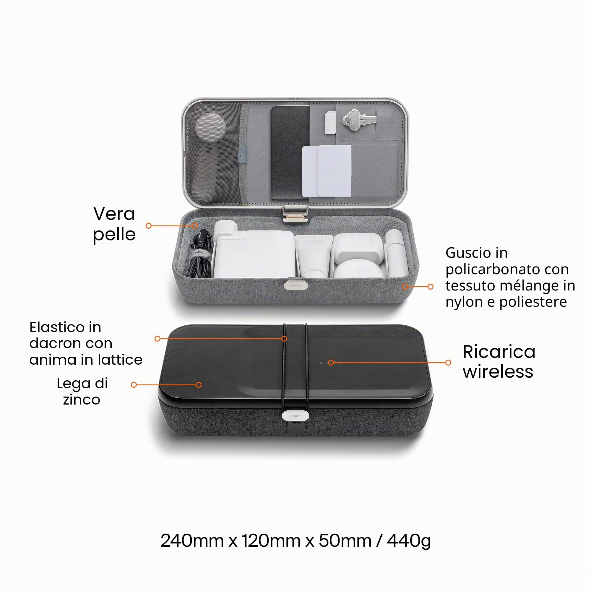 Orbitkey Nest V2 - Organizer da scrivania portatile e personalizzabile con caricabatterie wireless integrato, guscio in policarbonato con tessuto in nylon poli melange e lega di zinco (nero)