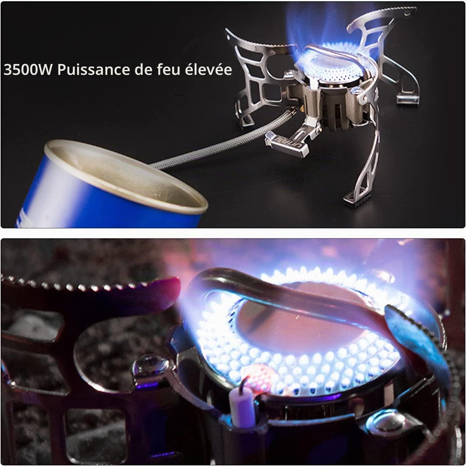 Bulin Réchaud Camping Portable avec Pare-Vent et Allumage Piézoélectrique | Réchaud Gaz INOX Robuste avec Tuyau de Préchauffage et Adaptateur, pour Camping, Randonnée, Trekking et Pique-Nique