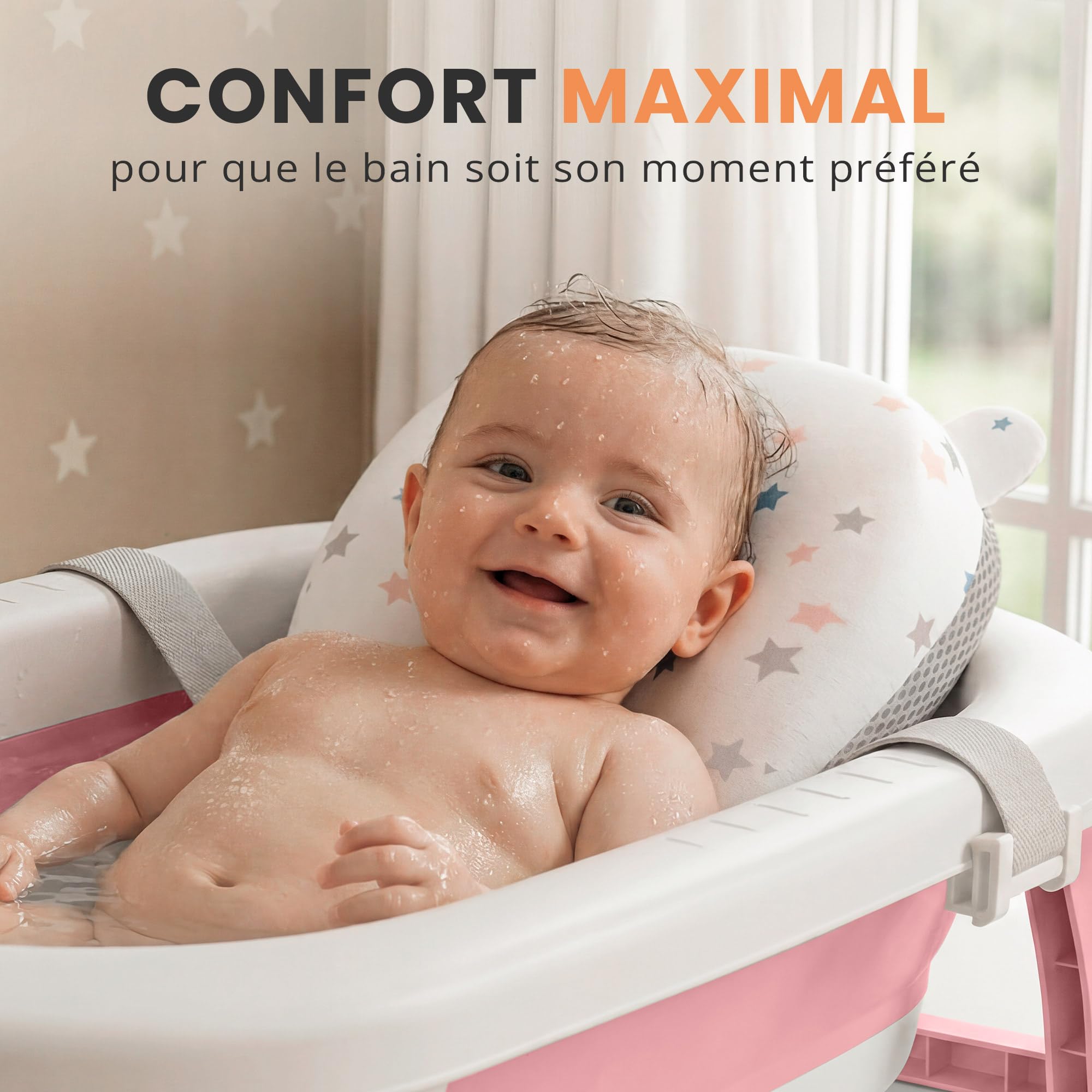 JUPPLIES Baignoire Pliable Bébé avec Coussin Ergonomique et Thermomètre Digital | Baignoire Bébé Antidérapante sur Pied | Bain Bébé Compact Facile à Ranger | 75x45x20cm (Rose, Sans Pattes)