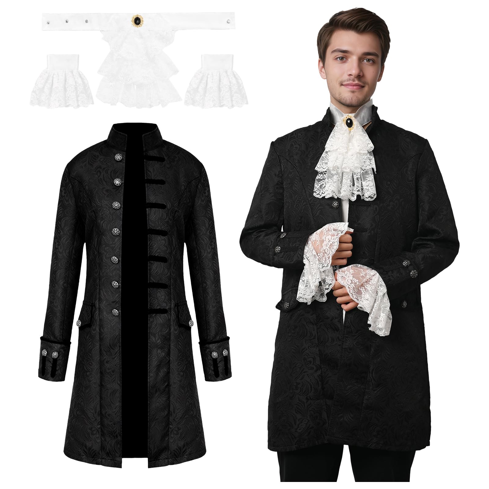 JDFAIJEAL Men's Steampunk Vintage Gothic Tailcoat,Medieval Victorian Frock Coat Renaissance Jacket,Carnival Halloween Cosplay Uniform Costume (Black