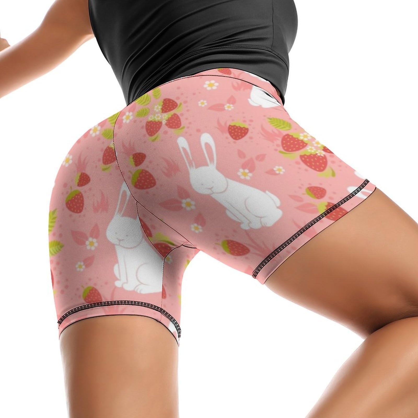 Cute Strawberry and Rabbit Bunny Pattern High Waist Yoga Shorts for Women Athletic Shorts Leggings Running Pants