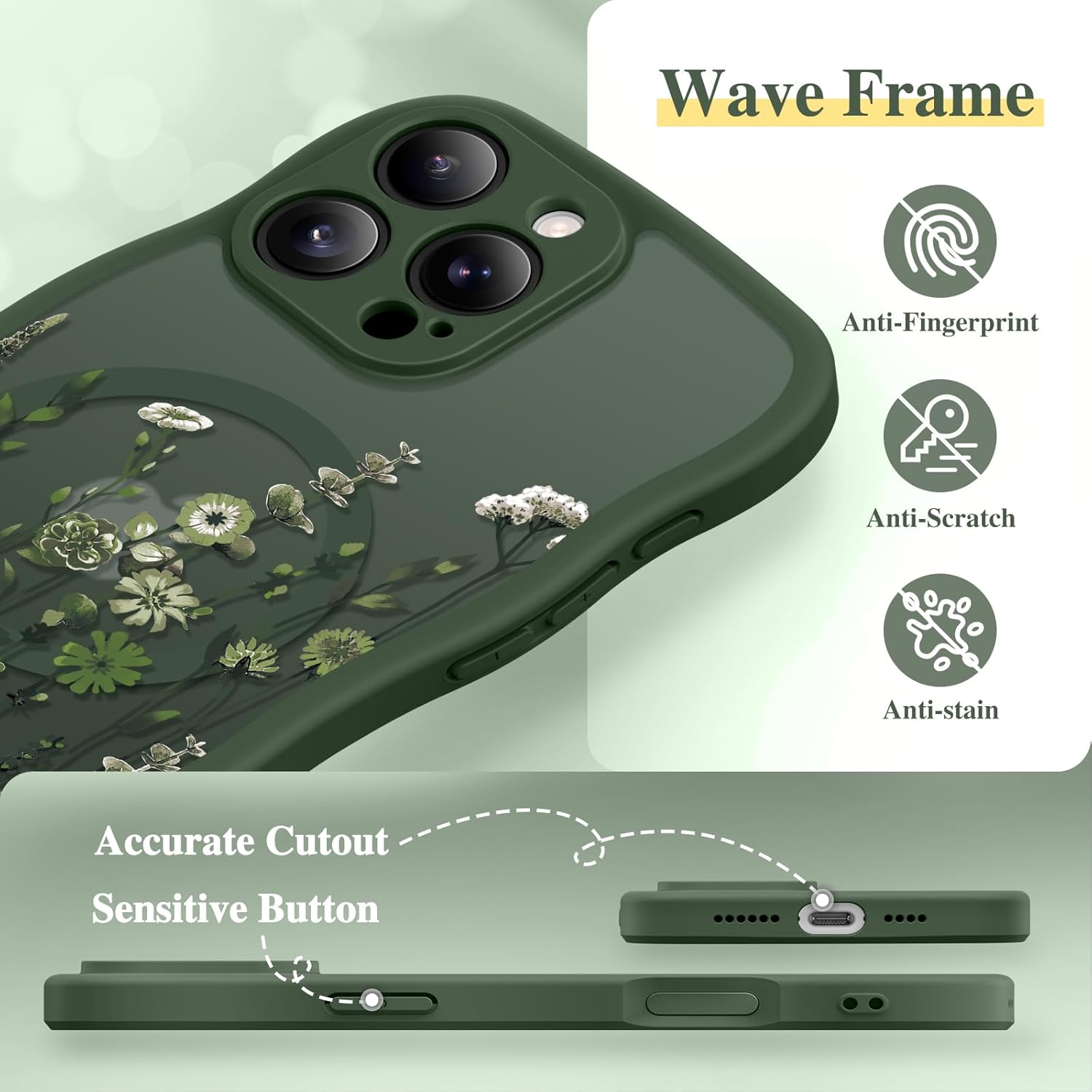 GVIEWIN for iPhone 16 Pro Max Case Compatible with MagSafe [Curly Wave Edge][Full Camera Protection] Floral Translucent Shockproof Magnetic Women Phone Case for 16 Pro Max, Floratopia/Forest Green