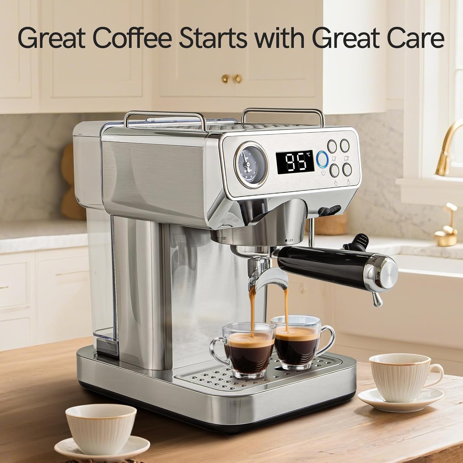 Espresso Machine, 20Bar Espresso Coffee Machine with Milk Frother & Temp Display, Stainless Steel Coffee Maker with 51oz Removable Water Tank for Latte, Cappuccino