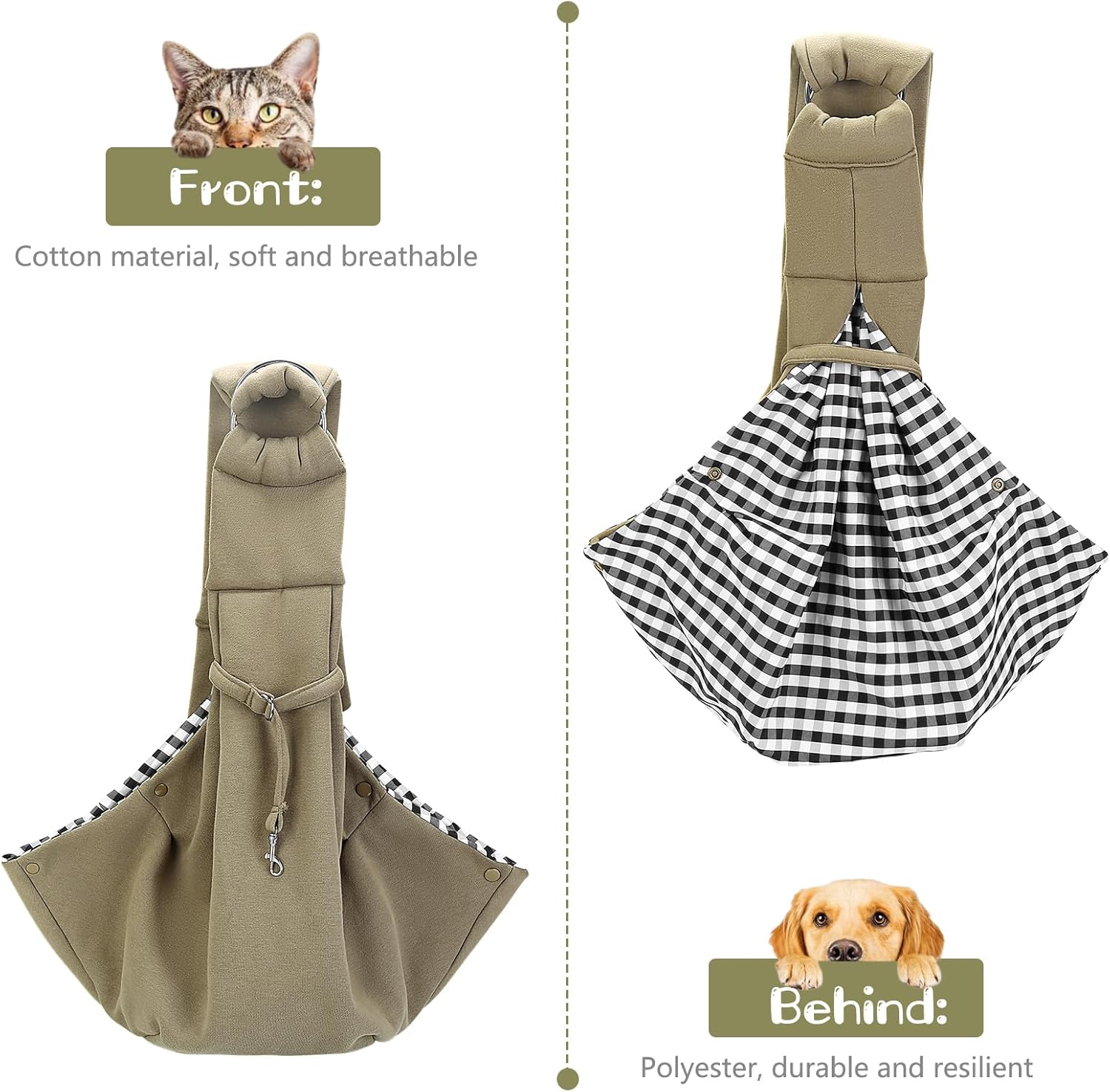 Yummy Sam 調節可能 小型犬キャリアスリング 猫スリング ハンズフリー 通気性 コットン ペット 子犬 ウォーキングバッグ リバーシブル 猫キャリーポーチ ワイドショルダーストラップポケット付き アウトドアショッピング用