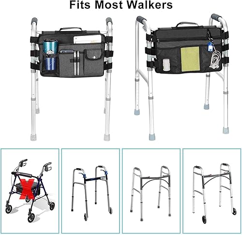 Miniatura 5 de supregear - Bolsa plegable para accesorios para caminantes (doble cara), cesta de andador, gran capacidad, impermeable, con 9 bolsillos y portavasos