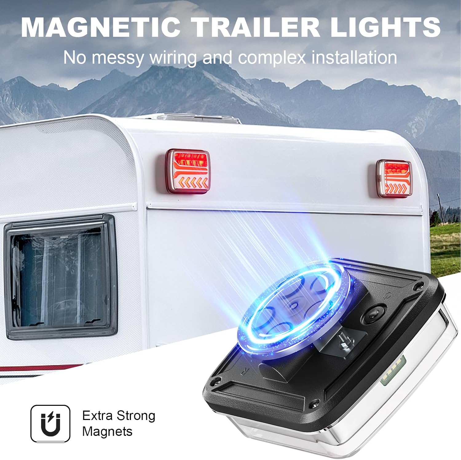Close-up of the magnetic base of the wireless trailer light, emphasizing strong magnets and no messy wiring.