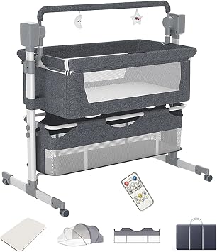 Automatic Rocking Baby Bassinet 3 in 1 Bedside Crib with White Music for Newborn 0-1Y Baby Crib Smart Bed with Mattress Mosquito Net Storage Bag