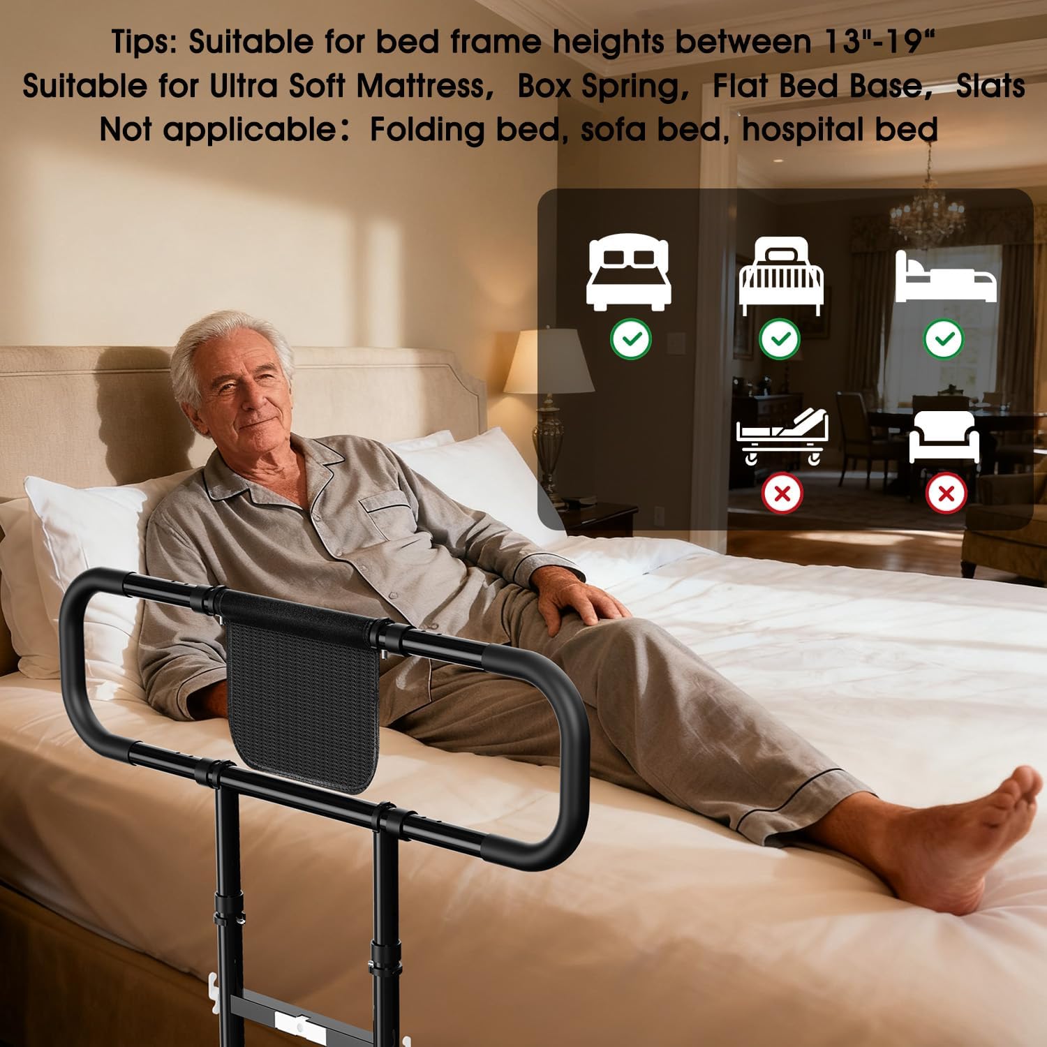 Zelvia Bed Rails for Elderly Adults Safety with Motion Light & Storage Pouch - Retractable & Foldable Bed Handrails Assist Bedrails for Seniors, Surgery Patients & Handicap (Black)