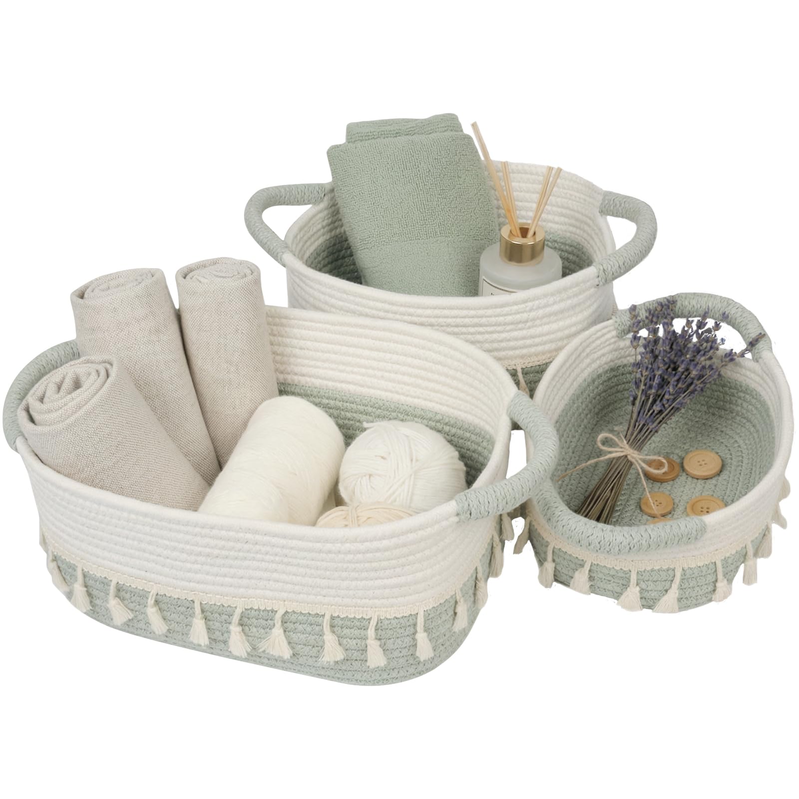 danpinera Set di 3 Cestini Portaoggetti, Cestino Portaoggetti Intrecciato in Corda, Impilabile Organizer Fasciatoio, Cesto Portaoggetti Ceste Portaoggetti per Bagno Cestino Boemo, Bianco e Verde