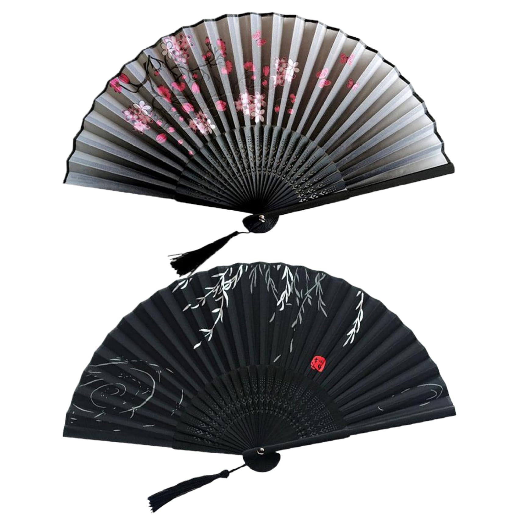 DAGLLGEW 2Pcs Folding Hand Fan 2 Styles Chinese Fan Silk Cloth Bamboo Hand with Tassel Hollowed Carving Handheld for Dance Performance Wall Decoration Chinese Folding Fans Handheld