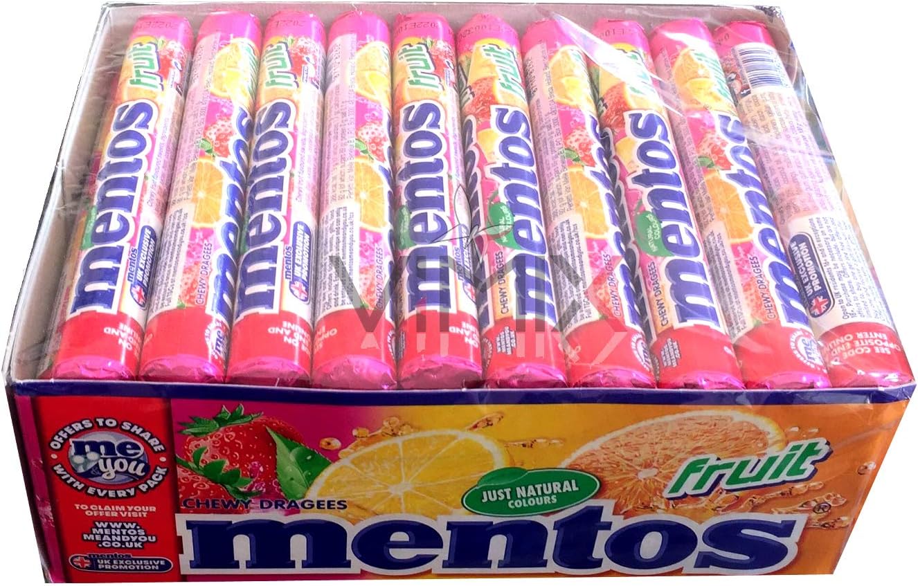 Full Box of CHEWY DRAGEES MENTOS Mints, Rainbow, Spearmint, SHAKIES, Fruits Rolls Sweets (Fruit Roll Complimentos 38 g)