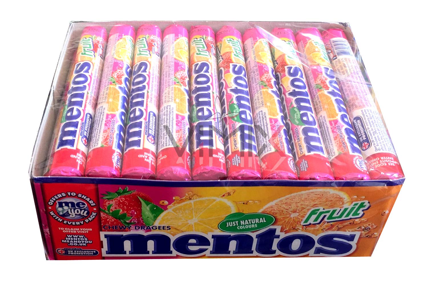 Full Box of CHEWY DRAGEES MENTOS Mints, Rainbow, Spearmint, SHAKIES, Fruits Rolls Sweets (Fruit Roll Complimentos 38 g)