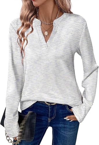 Womens Waffle Knit Top Casual Henley V Neck Long Sleeve Shirts Trendy Button Down Blouses