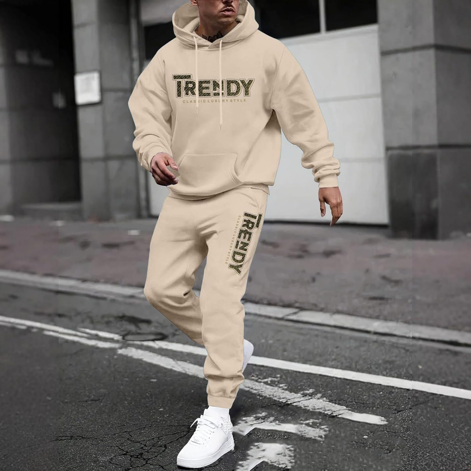 Mens Sweat Suits 2 Piece Set Letter Print Pullover Sweatshirt Winter Fall Loungewear Casual Sweat Sets