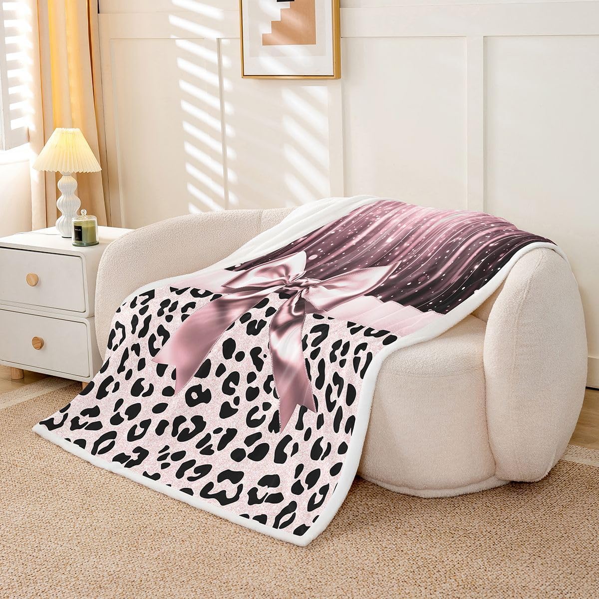 Feelyou Light Pink Leopard Fleece Throw Blanket Bow Sherpa Blanket for Kids Women Men Plush Fuzzy Glitter Leopard Spots Baby 30"x40" Wild Animal Pattern for Bed Couch Chair Living Room Bedroom Decor image 2
