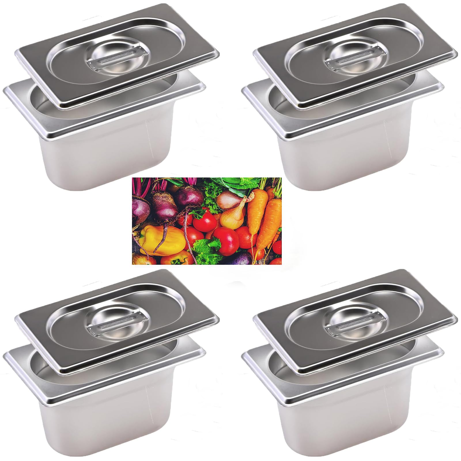4 contenitori GN 1/9 in acciaio inox con coperchio, 100 mm di altezza, contenitore per alimenti in acciaio inox, contenitore per alimenti, 17,5 x 11 x 10 cm