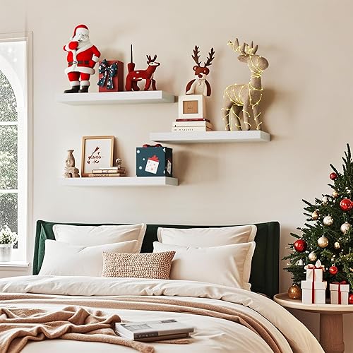 Miniatura 4 de BAYKA Estantes flotantes blancos para pared, estantes de pared de madera rústica con soportes de metal para baño, dormitorio, cocina o sala de