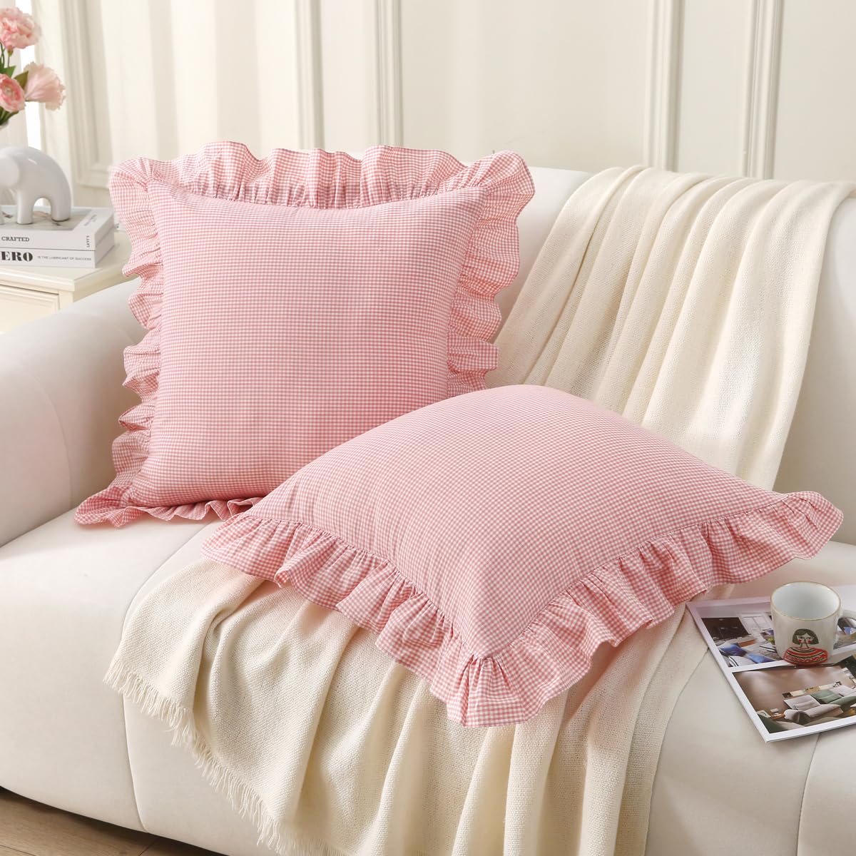 Silnuo Pink/White Plaid Ruffle Throw Pillow Covers Farmhouse Checkered Gingham 20"x20" Vintage Washed Cotton Pillow Shams for Couch,Sofa,Bed and