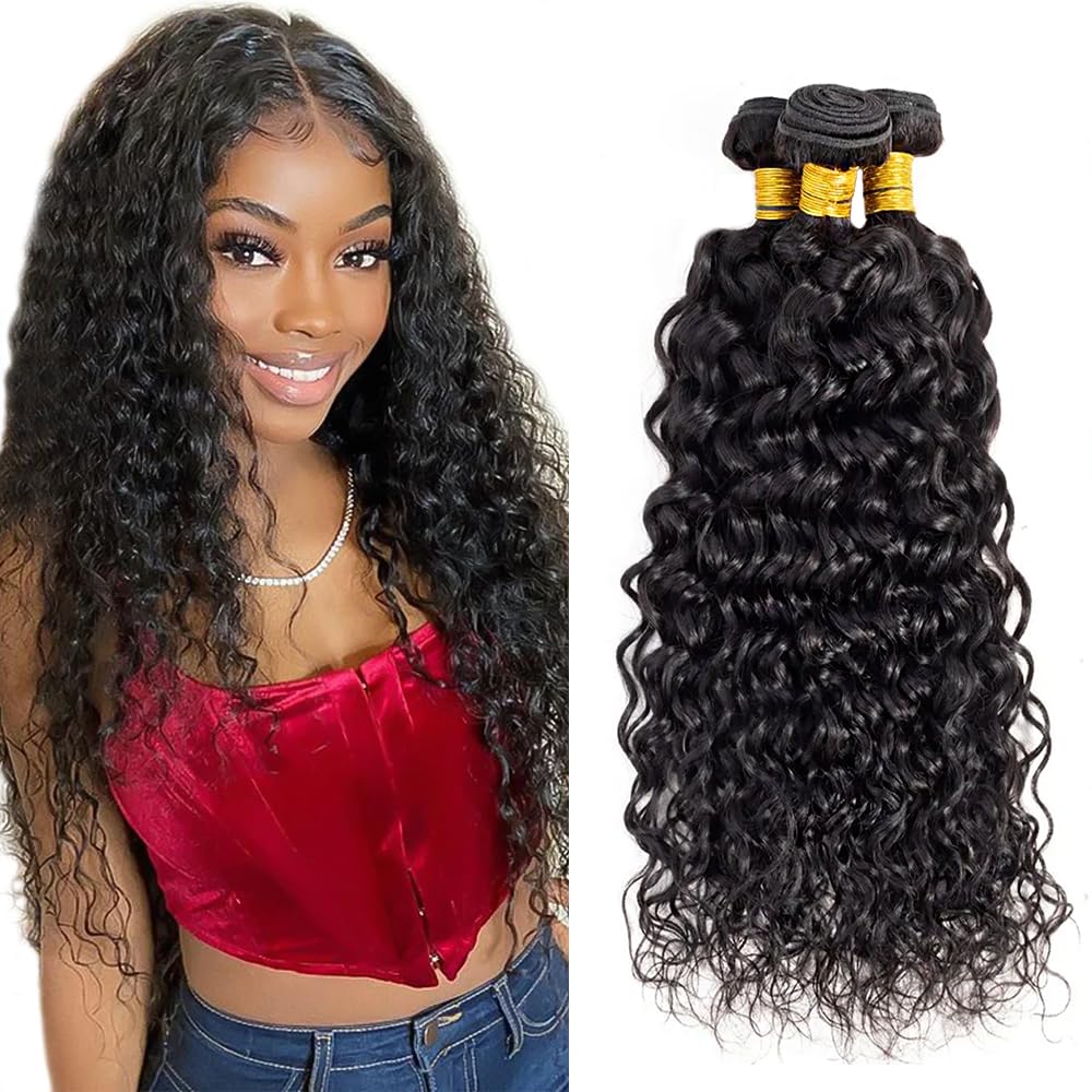 Water Wave Bundles Human Hair Natural Black Color 26 28 30 Inch Wet And Wavy Human Hair Bundles Double Weft Quick Weave Brazilian Virgin Remy Hair Extensions 3Pcs/Set