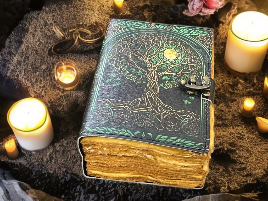 400 Page Fat Grimoire Leather Journal – Tree of Life Embossed Blank Spell Book of Shadows, Vintage Leather Sketchbook, Celestial Writing Notebook Gifts for Him & Her