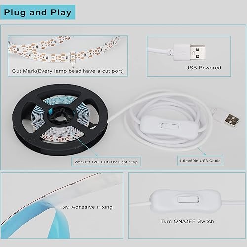 Miniatura 3 de Tiras LED de luz negra de 6.6 pies, 120 cuentas de lámpara, cable USB de 4.9 ft, kit de tira de luz negra flexible DC5V 10W, tira de luz negra