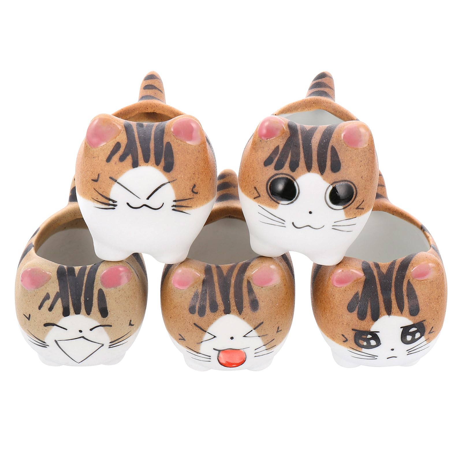 Lot de 5 pots de fleurs chat en céramique avec trou de drainage