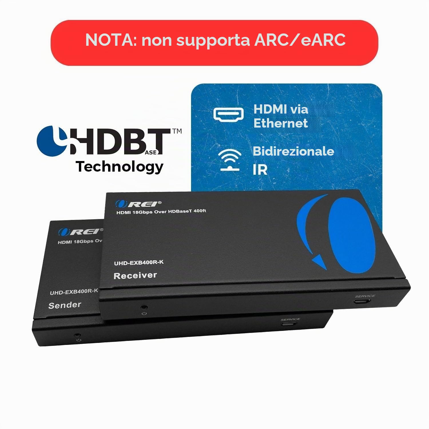 Orei - Extender balun HDMI 4K - HDBaseT UltraHD 4K @ 60Hz 4:4:4 su singolo cavo CAT5e/6/7 con controllo HDR, CEC e IR, RS-232 - fino a 122 m - Loop Out - Power Over Cable - Uscita audio