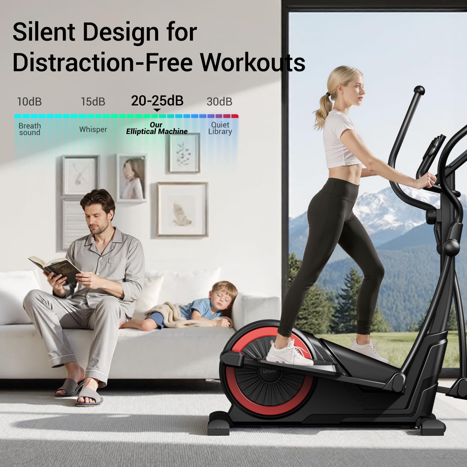 UMAY Cyclette per casa, 16 livelli di resistenza, trainer ellittico magnetico silenzioso, lunghezza del cavallo 40 cm, maniglie della frequenza cardiaca, display LCD, capacità di carico 159 kg