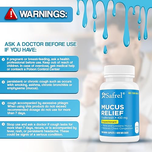Miniatura 7 de Safrel Pharma - Guaifenesina para aliviar el moco, 400 mg - Expectorante de acción rápida, adelgaza y afloja el moco, alivia la congestión del