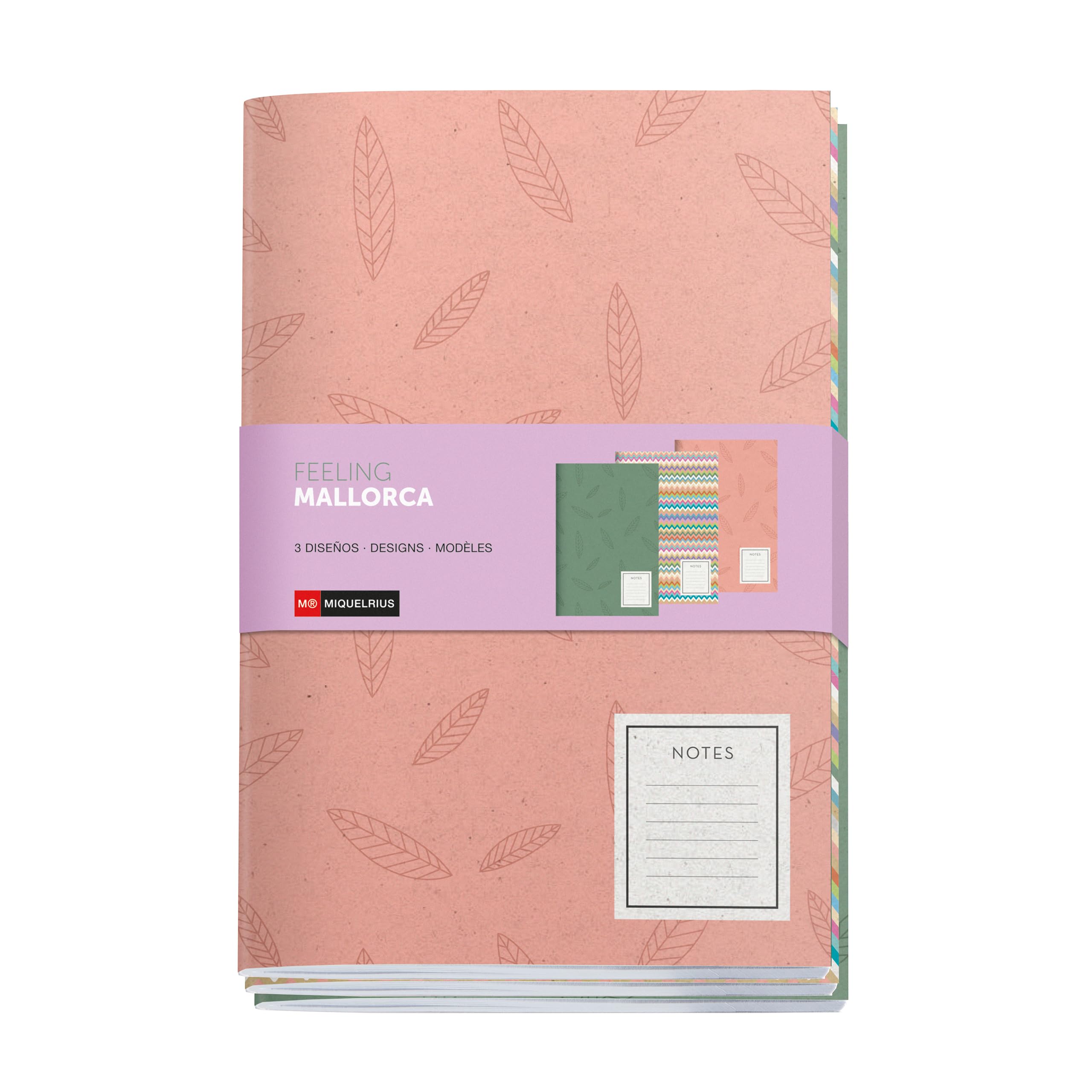 Miquelrius - A5 notebooks (142 x 210 mm) stitched, pack of 3 notebooks, white dotted interior, 32 sheets of 80 g/m² each, matt printed cardboard covers, Feeling Mallorca collection