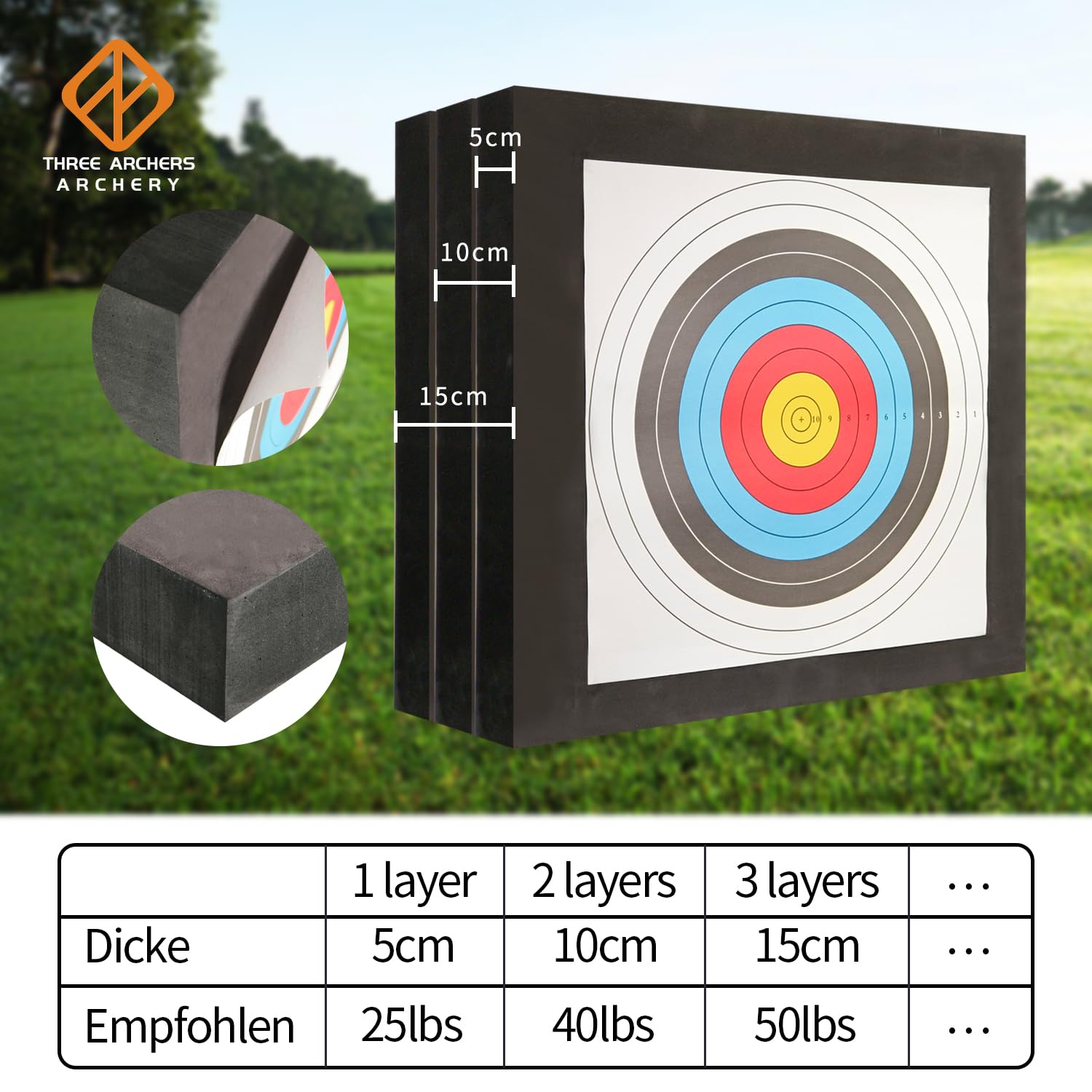THREE ARCHERS Cible de tir à l'arc 50x50cm Ensemble de cibles Haute densité en mousse légère et durable avec 5 supports et 4 clous de fixation pour le tir à l'arc