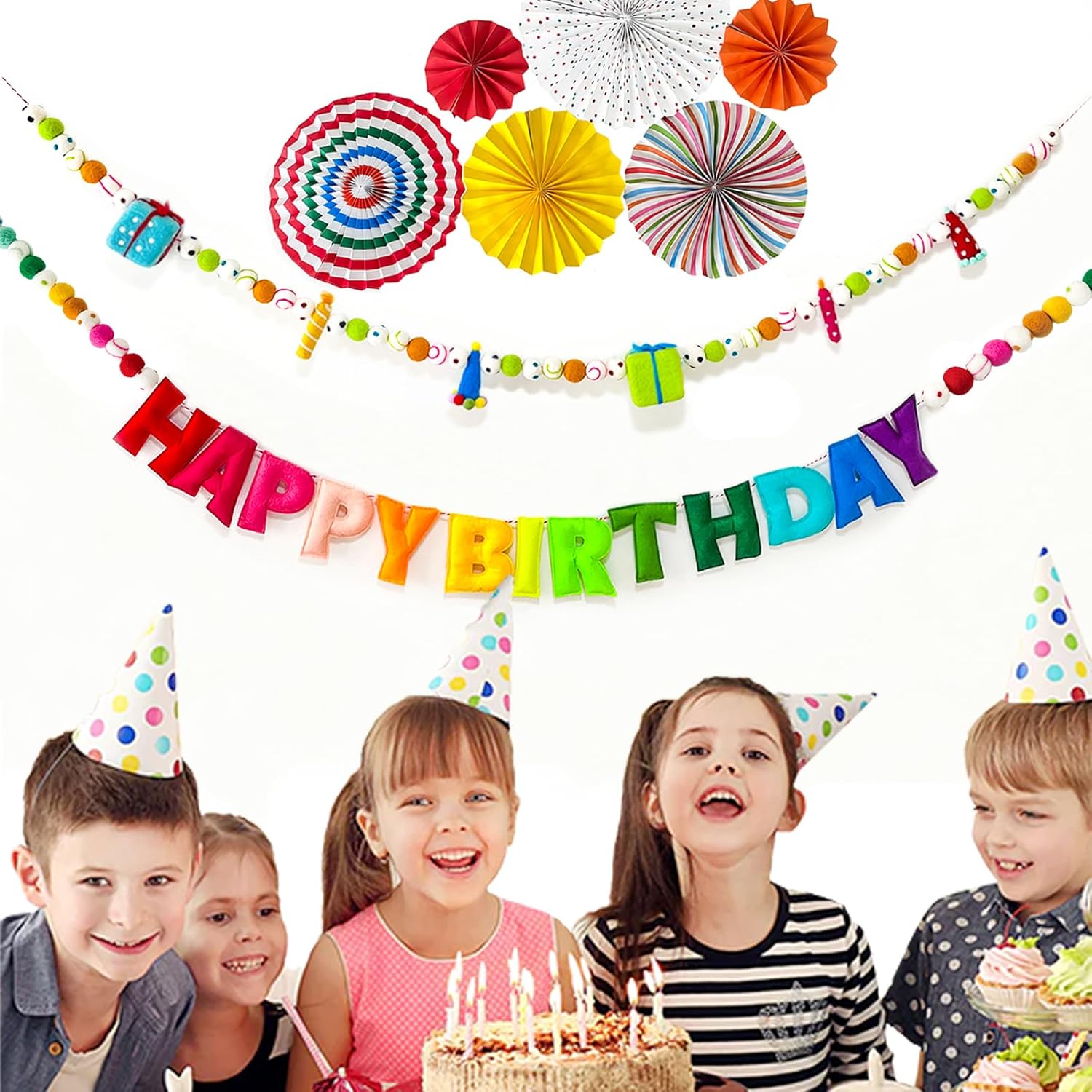 2 PCS Pre-Strung Happy Birthday Banner, Rainbow Party Decorations, HAPPY BIRTHDAY Felt Ball Garland, Personalized Birthday Sign for Birthday Decor, Party Supplies, Photo Prop, Decoración De Cumpleaños