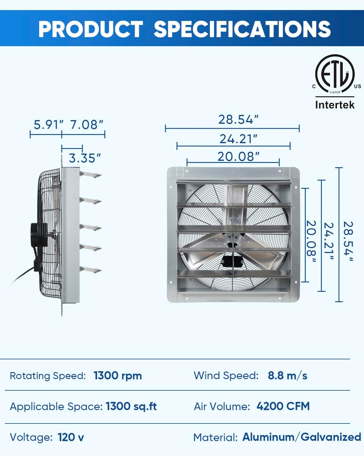 Product specifications and dimensions for the KEN BROWN 24 inch exhaust fan