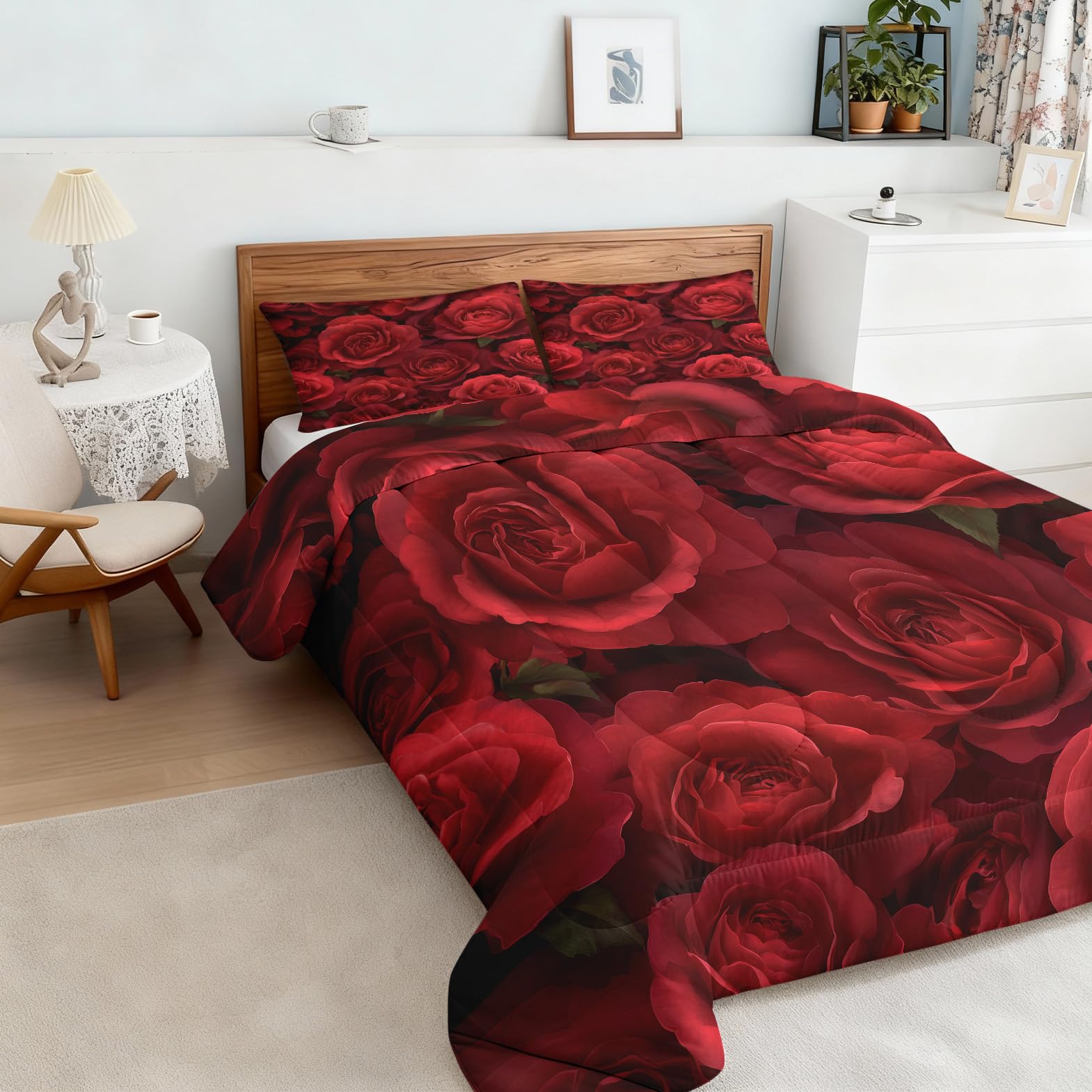 Generisch Bettdecke 155x220 Blumen Rot - 4 Jahreszeiten, Vintage 3D Rosen Blumenmuster Steppdecke & 1 Kissenbezug 80x80 - Schlafzimmer Deko, Weiche Mikrofaser Ganzjahresdecke Ohne Bezug #m350