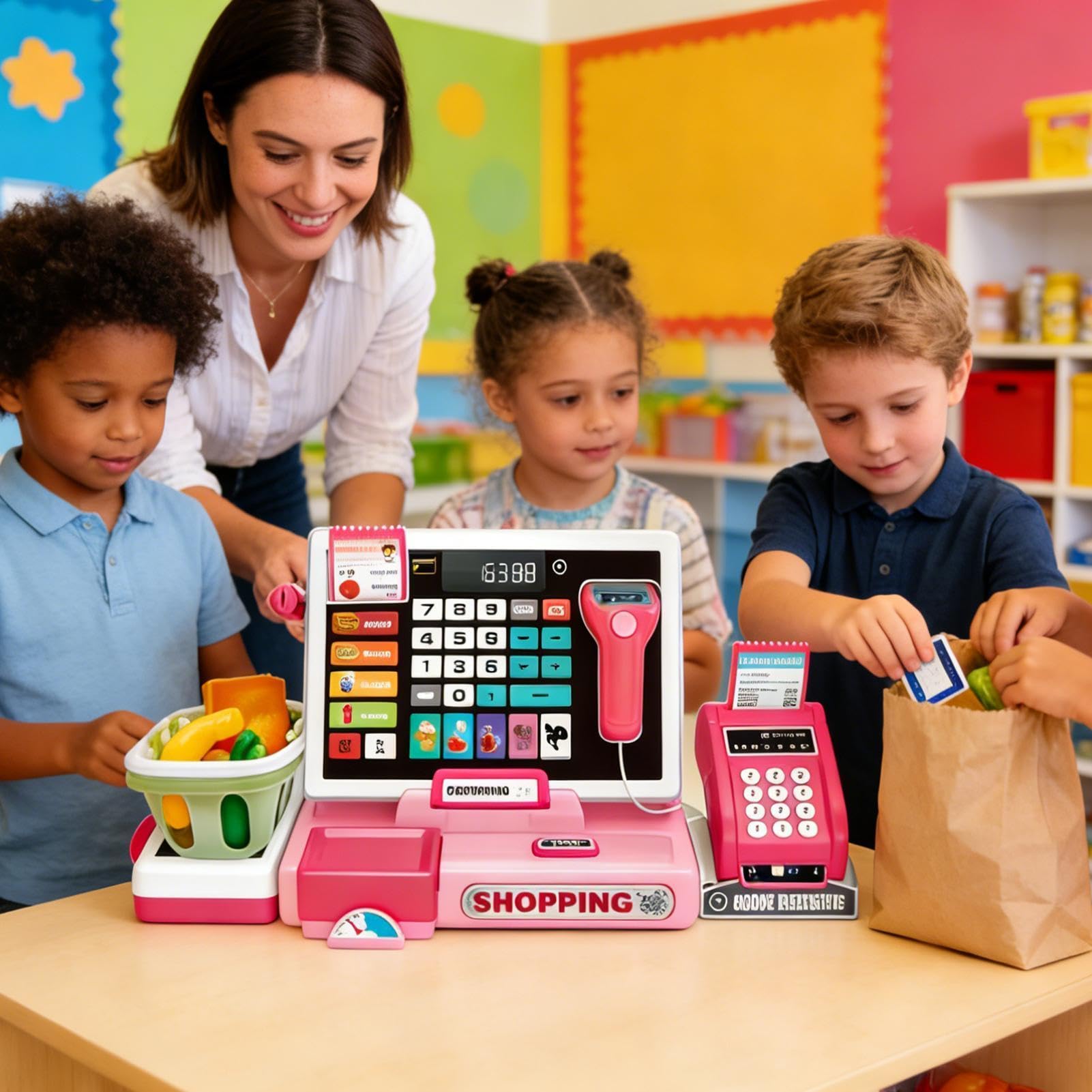 de Juguetes/Dispositivo POS Para Niños, Cesta De La Compra Con Función Calculadora