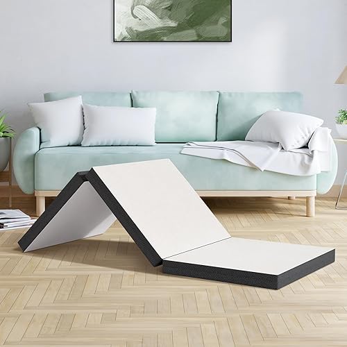 Dkelincs Colchón plegable de espuma viscoelástica triple de 3 pulgadas, portátil, plegable, para campamento, invitados, yoga, blanco (tamaño