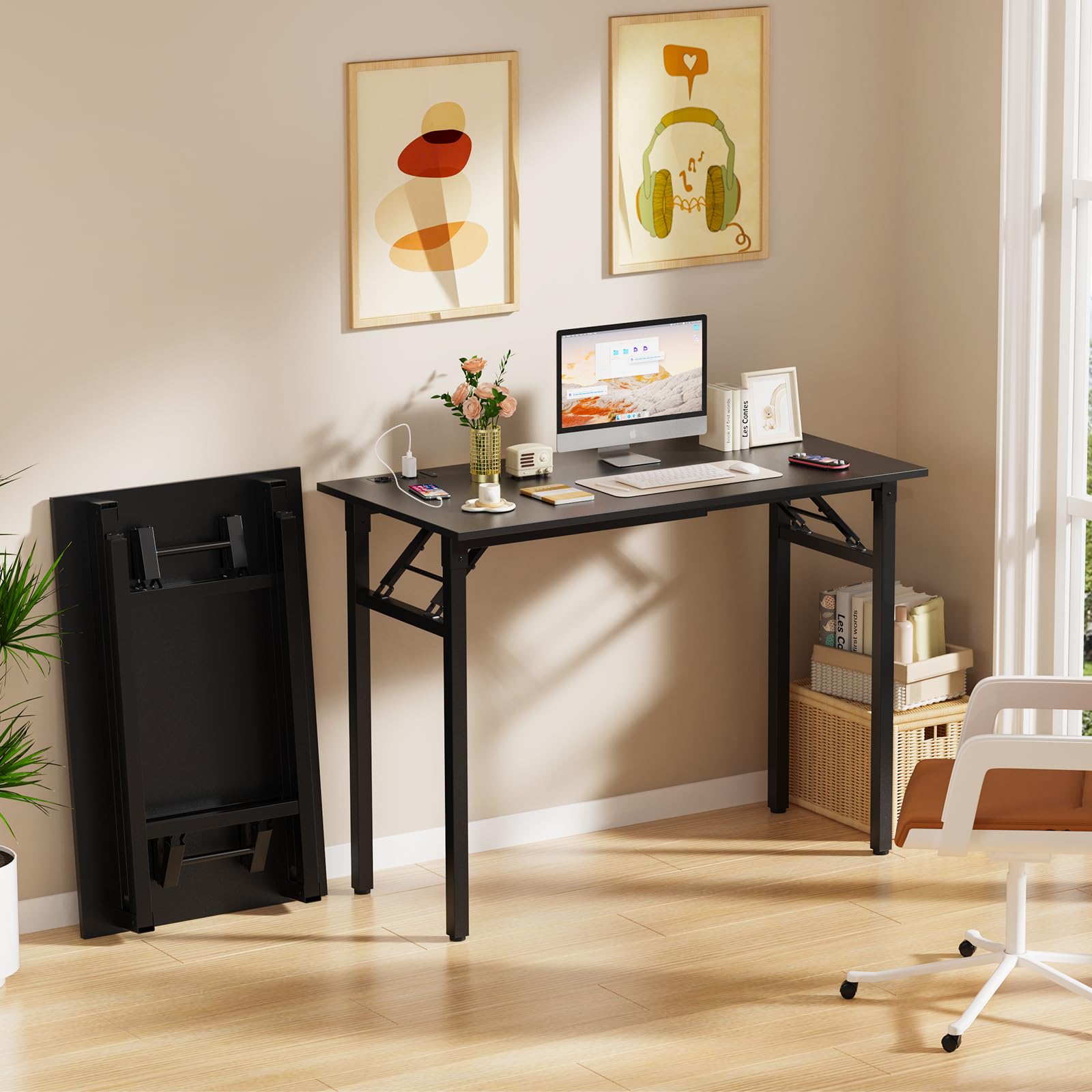 Schreibtisch Klapptisch 100x50cm mit Steckdose, Klappbarer Computertisch, Tragbarer Bürotisch, Klappschreibtisch für Zuhause, Büro, Kleiner Platzsparender, Schwarz