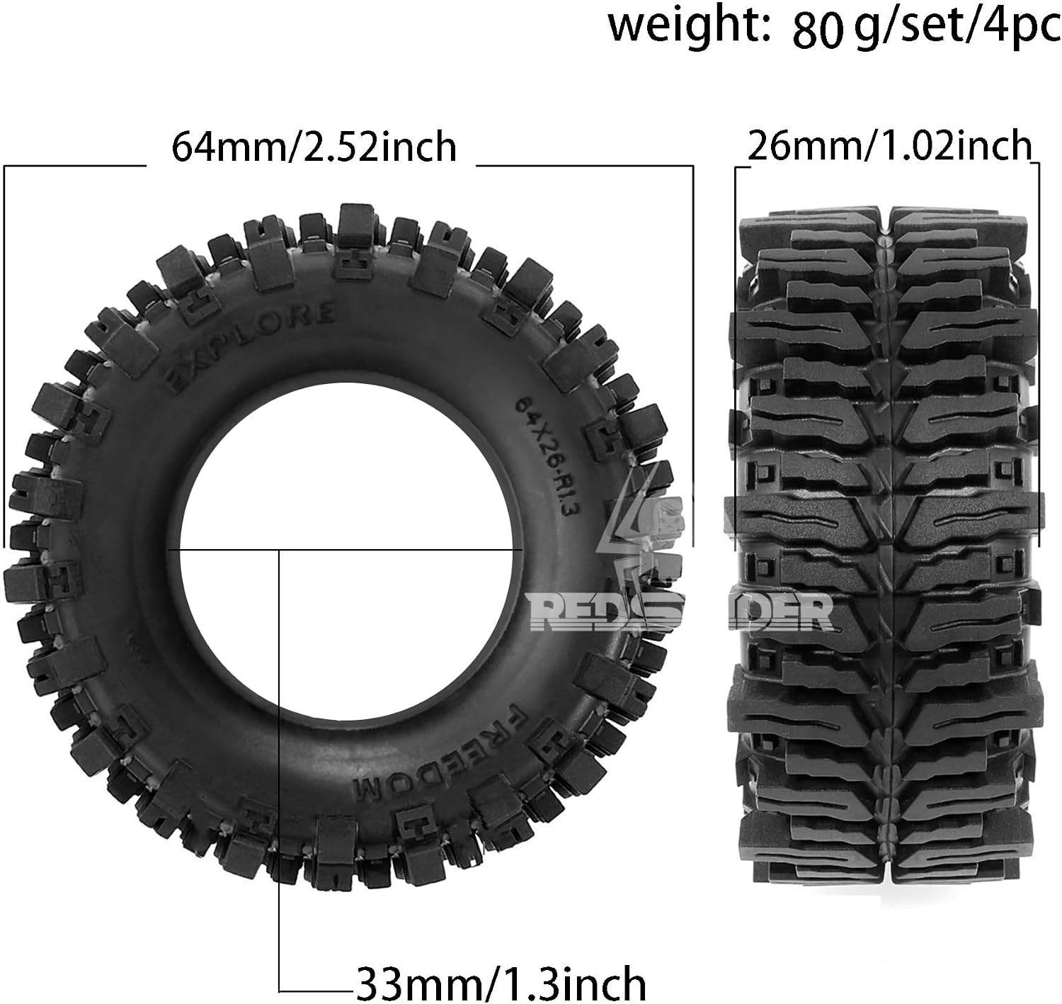 REDSPIDER RC 1.3inch Crawler Tires 64mm * 26mm Mud Slingers X Super Soft Sticky Tyres For RC 1/24 1/18 Scale Crawler TRX4M SCX24 FCX24 FCX18 (Tire)