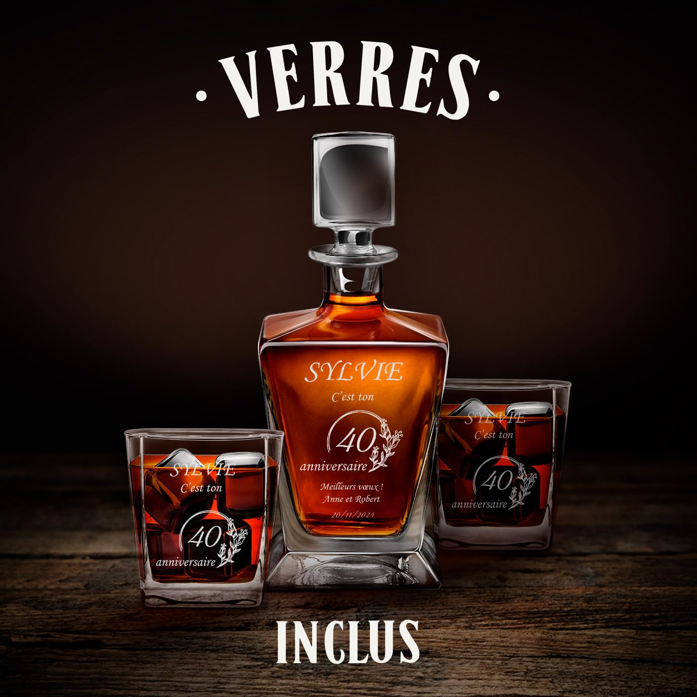 Maverton Carafe whiskey + 2/4 / 6 verres, Service à whisky avec gravure