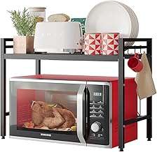 NETEL Extendable Microwave Oven Rack, 2 Tier Metal Microwave Shelf/Microwave Stand/Toaster Shelf/Kitchen Counter Organizer, Adjustable and Space Saving, 55Lbs Weight Capacity, with 4 Hooks, Black