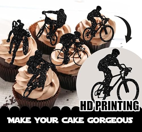 Miniatura 3 de 18 piezas de purpurina negra para bicicleta, postre, cupcake, decoración para ciclismo, deportes de montaña, suministros de decoración para baby
