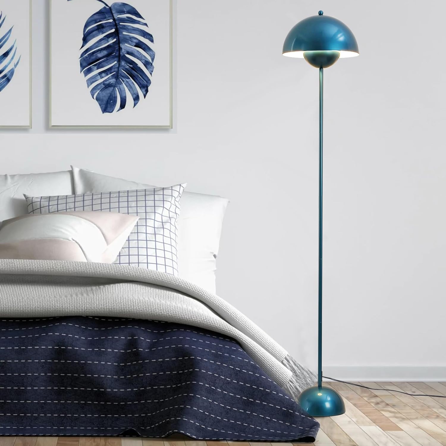 Alpinaluz Lampada da Terra in Metallo con Paralume Bombato – Design Retro Nordico – Luce Indiretta Verso il Basso – E27 – Interruttore a Pedale – Per Salotto e Interni (Blu Marino)