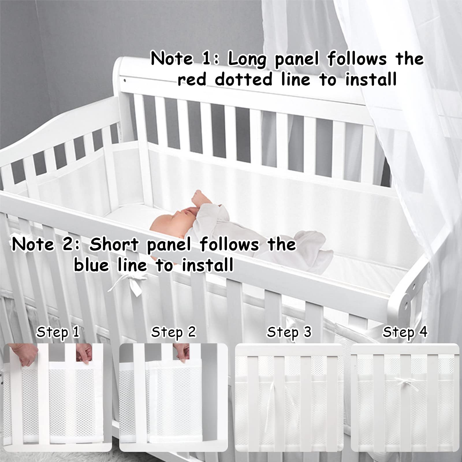 2 Pièces Tours de Lit Bébé Cabane,4 Côtés Tour de Lit Respirant Doublure en Maille 3D Anti-Flux d'air,Protection des Bords,Réglable, Amovible - 340cmx30cm + 160cmx30cm (Ours)